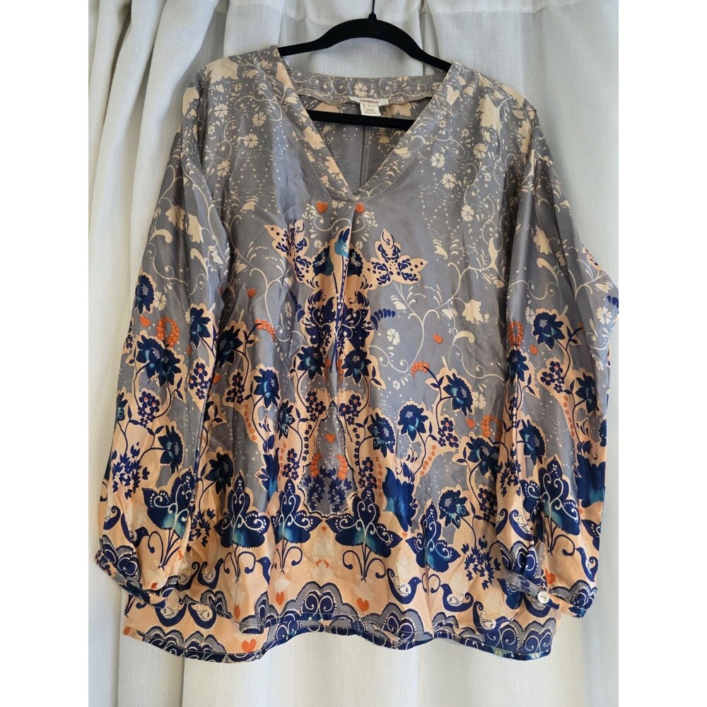 Sundance Women’s Gray Floral Long Sleeve V-neck Silk Blouse Boho Size S